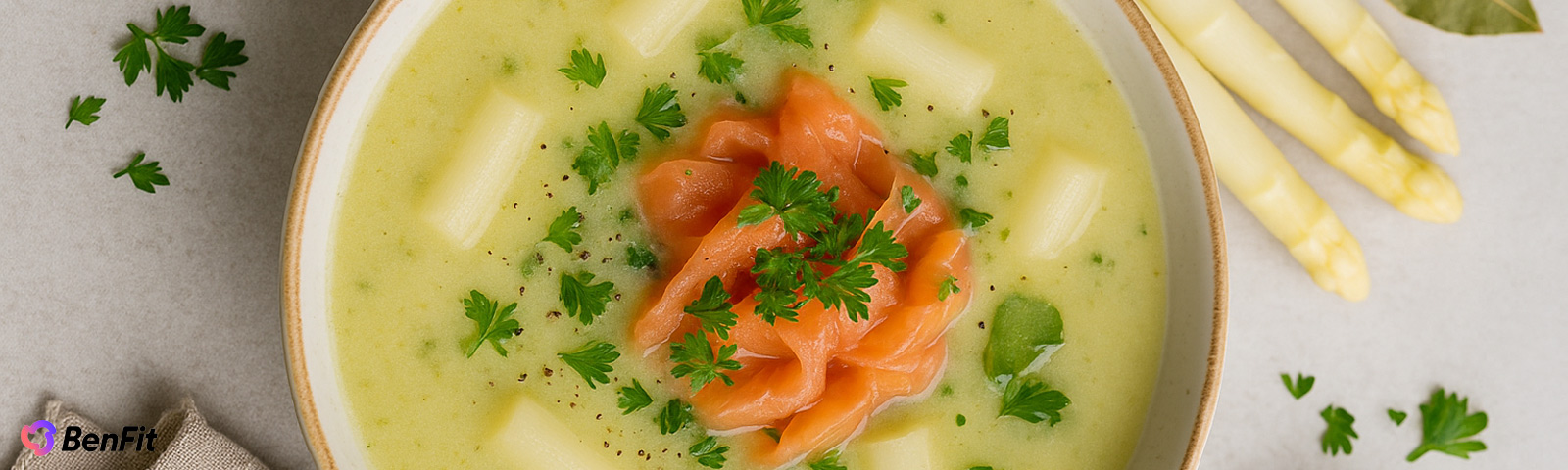 Healthy asparagus soup with smoked salmon – light, creamy and nutritious