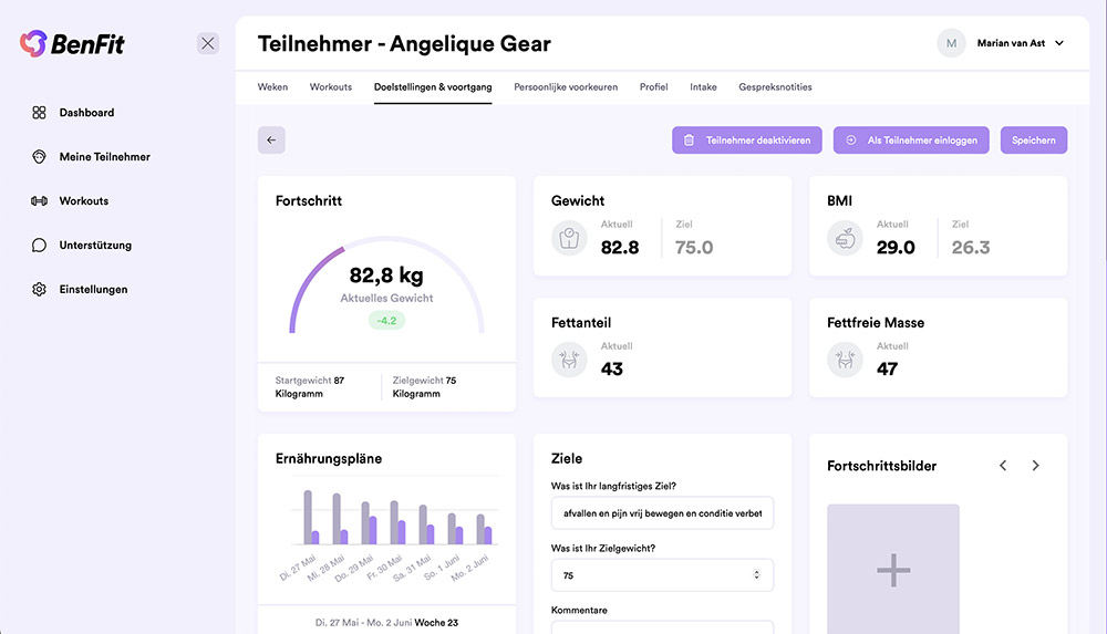 Personal trainer using BenFit software on a tablet to create an AI-driven weekly nutrition plan for a client.