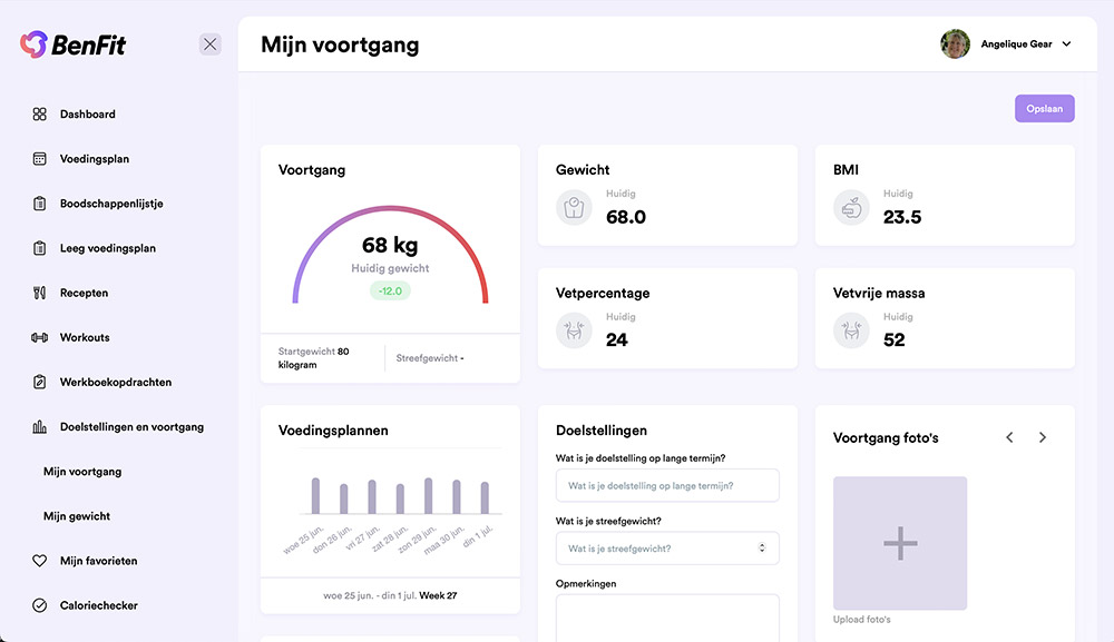 BenFit-app-screenshot-2-NL Ein Dashboard mit dem Titel "Mijn voortgang" (Meine Fortschritte) mit Körpergewicht, BMI und anderen Fitness-Statistiken in einem BenFit-Design.