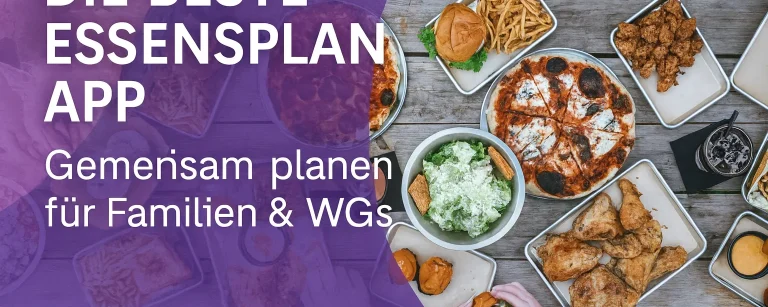 Eine Gruppe von Freunden teilt sich am Tisch verschiedene Gerichte wie Pizza und Salat, geplant mit einer gemeinsamen Essensplan App.