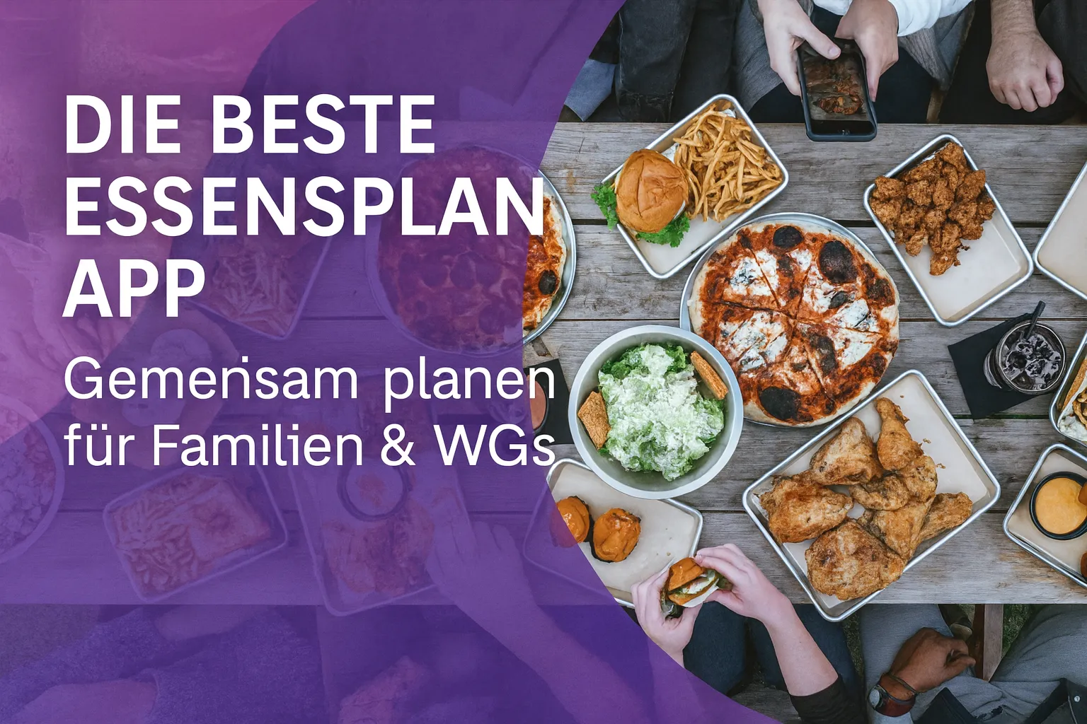 Eine Gruppe von Freunden teilt sich am Tisch verschiedene Gerichte wie Pizza und Salat, geplant mit einer gemeinsamen Essensplan App.