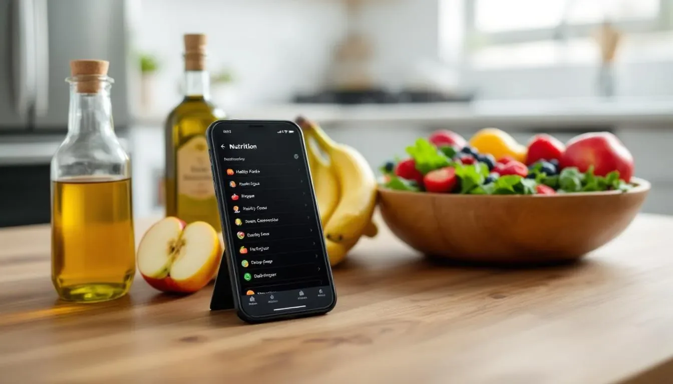 Ein Smartphone zeigt eine Ernährungs-App mit bunten Symbolen gesunder Lebensmittel wie Obst und Gemüse. Diese Darstellung steht im Kontext von online Ernährungscoaching und gesunder Ernährung, um den Nutzern bei ihren Ernährungsgewohnheiten zu helfen.