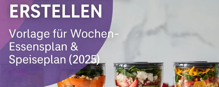 essensplan-erstellen-vorlage Vier vorbereitete Meal-Prep-Behälter mit gesunden Salaten als Symbolbild für das Erstellen von Essensplänen.