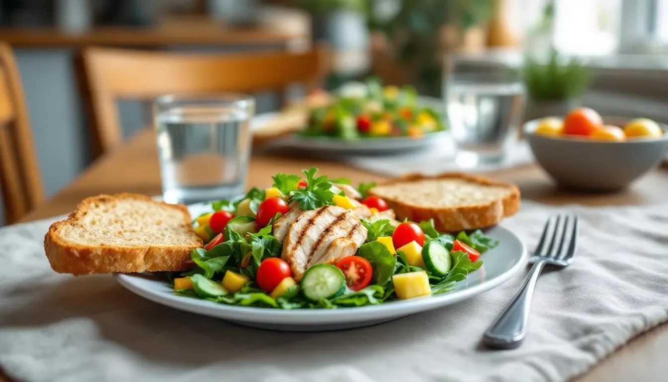 In der häuslichen Umgebung ist eine gesunde, ausgewogene Mahlzeit angerichtet, die frische Lebensmittel wie Gemüse, Vollkornprodukte und mageres Protein enthält. Diese Mahlzeit spiegelt die Prinzipien einer gesunden Ernährung wider und könnte Teil eines Online Ernährungscoachings sein, um die Ernährungsgewohnheiten zu verbessern.