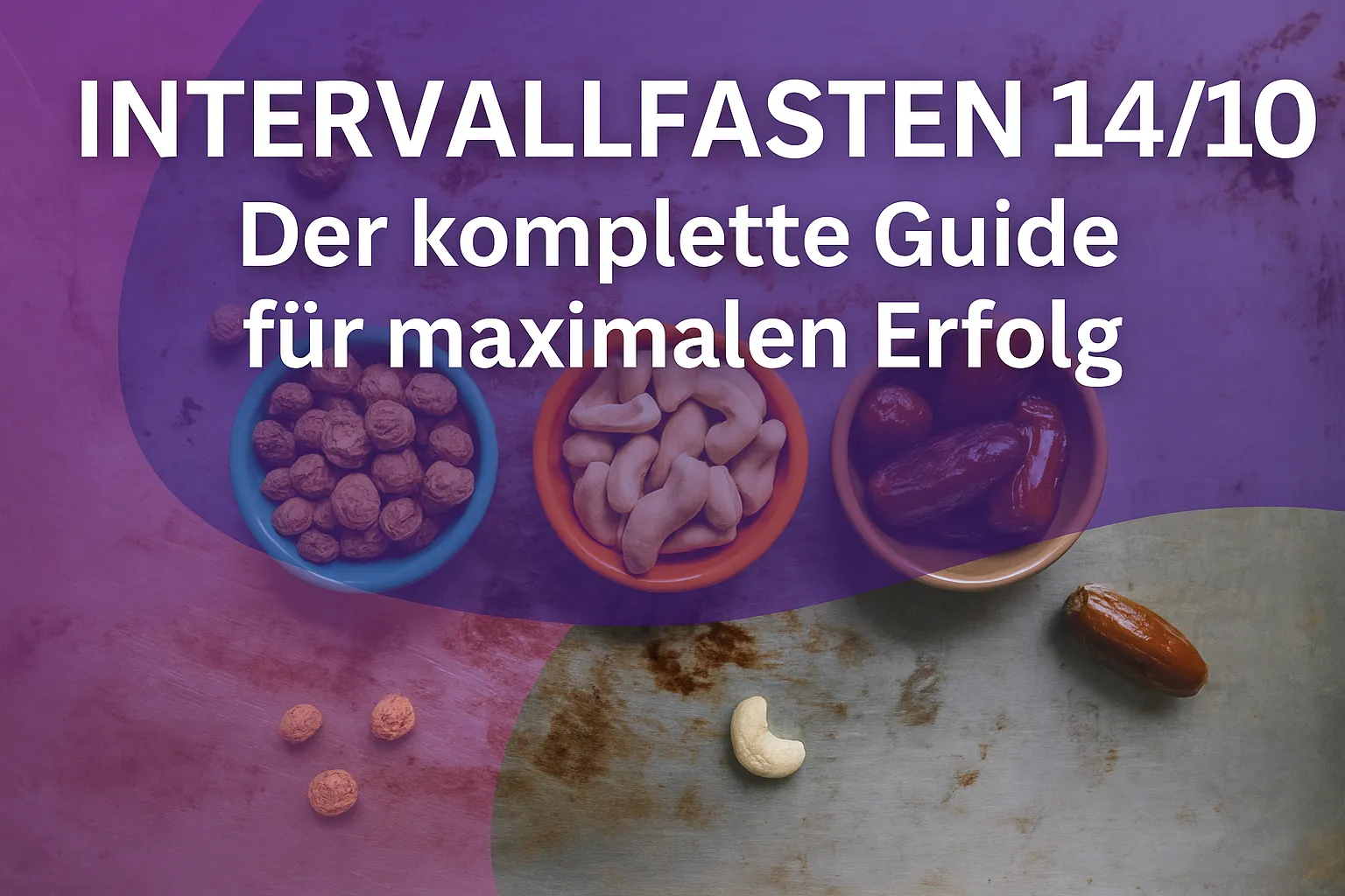 Drei Schalen mit gesunden Snacks wie Nüssen und Datteln für das Essensfenster beim Intervallfasten 14/10.