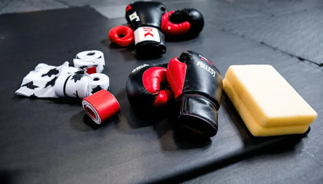 In the image, a close-up view of vibrant kickboxing gloves and various protective equipment is displayed on a gym floor, highlighting the essential gear for kickboxen training. This setup emphasizes the importance of safety and preparation in a sport that burns viele kalorien and promotes fitness through intense körperbewegung.