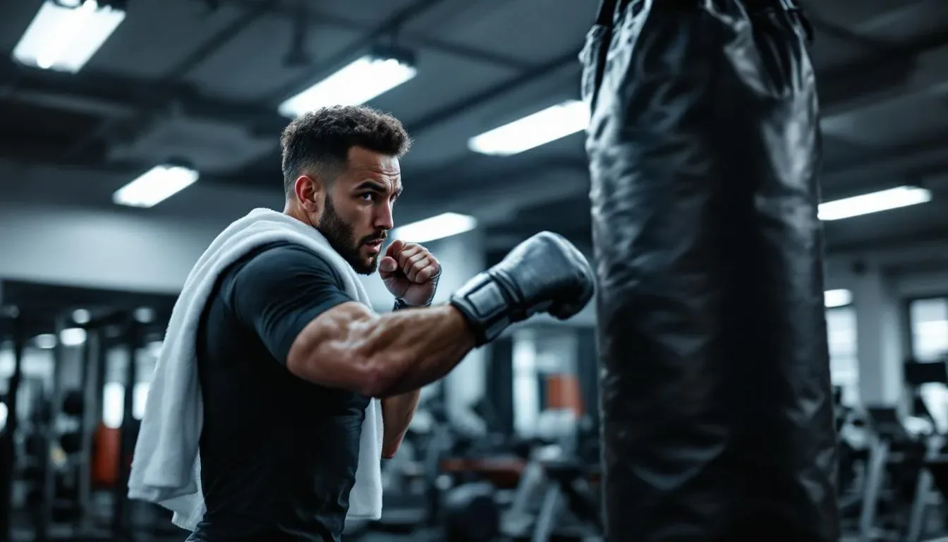 Eine Person trainiert intensiv mit einem schweren Boxsack in einem Fitnessstudio, wobei sie verschiedene Schläge und Techniken ausführt. Dieses Kickbox-Training fördert die Ausdauer und Kraft, während viele Kalorien verbrannt werden und der Körper für eine optimale Fitness arbeitet.