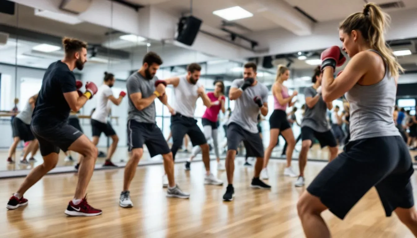 In the image, a diverse group of people is participating in a kickboxing fitness class, performing synchronized movements that showcase their energy and enthusiasm. This workout is an effective way to burn many kalorien while improving strength and endurance through a fun and engaging sport.