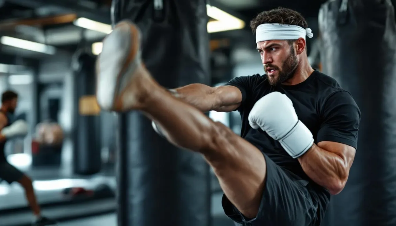 Eine Person führt ein intensives Kickboxtraining durch, sichtbar verschwitzt und mit einem fokussierten Ausdruck, was die hohe Trainingsintensität und den Energieverbrauch verdeutlicht. Diese Sportart ist bekannt dafür, viele Kalorien zu verbrennen und bietet ein effektives Ganzkörpertraining.