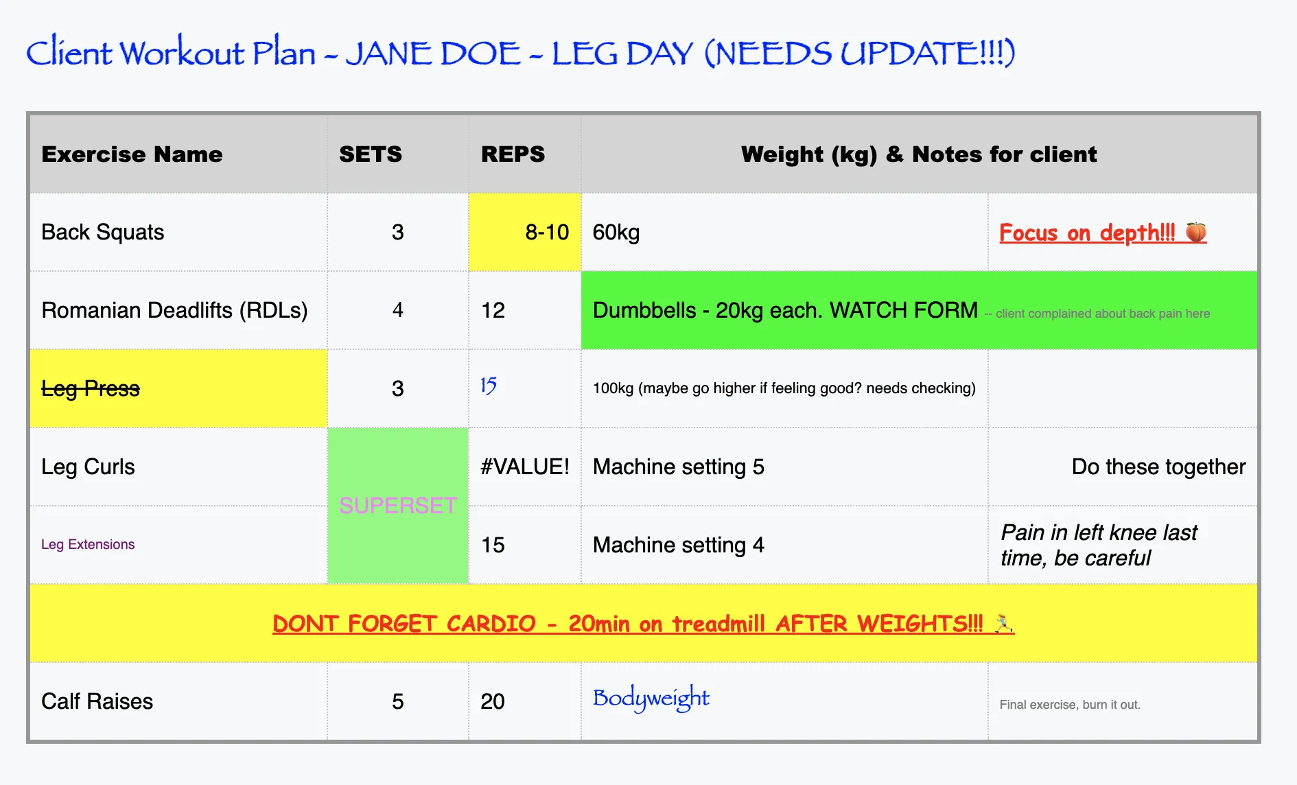 A complicated and messy workout spreadsheet