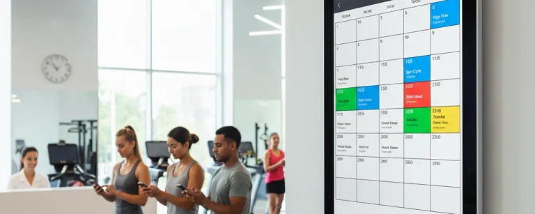 Tablet displaying colorful class schedule calendar with gym members booking in background