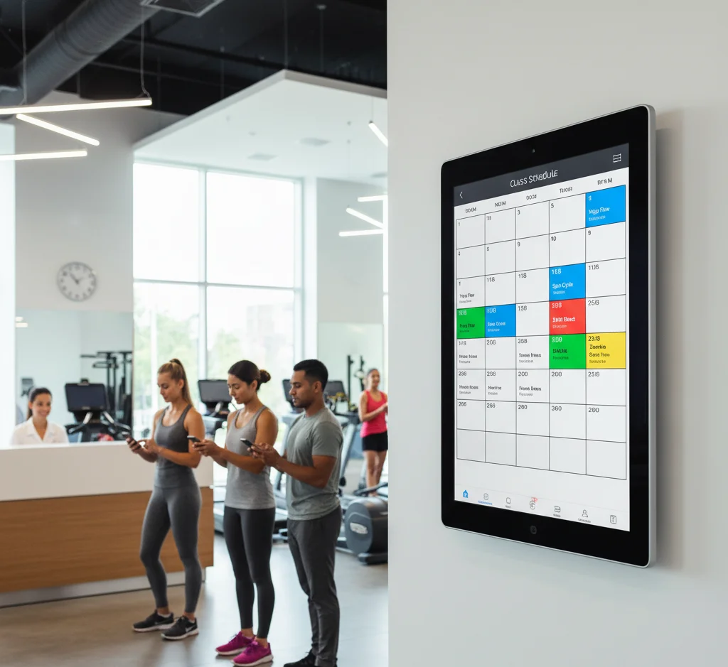 30-90-day-fitness-challenge-comparison Tablet displaying colorful class schedule calendar with gym members booking in background