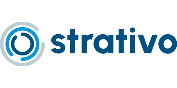 Strativo_logo_RGB Logo von Stratio mit dem Text "strativo" in dunkelblau und einem stilisierten Kreis aus mehreren Ringen in hellblau und dunkelblau.
