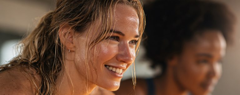 Ein Porträt zweier verschwitzter Frauen nach dem Training, die das Logo "BenFit" im Vordergrund repräsentieren, ideal für Werbung im Bereich Fitness und Ernährung.