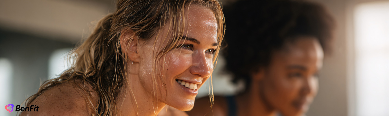 bf_creatine_klein_schepje_groot_effect Ein Porträt zweier verschwitzter Frauen nach dem Training, die das Logo "BenFit" im Vordergrund repräsentieren, ideal für Werbung im Bereich Fitness und Ernährung.