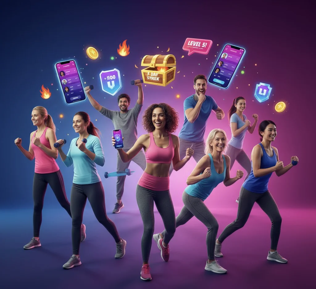Entdecken Sie, wie Gamification in Fitness-Apps Ihre Motivation steigert. Diverse Menschen nutzen Apps mit Belohnungen, Achievements und Challenges für nachhaltigen Trainingserfolg. Überwinden Sie den inneren Schweinehund mit spielerischen Elementen.