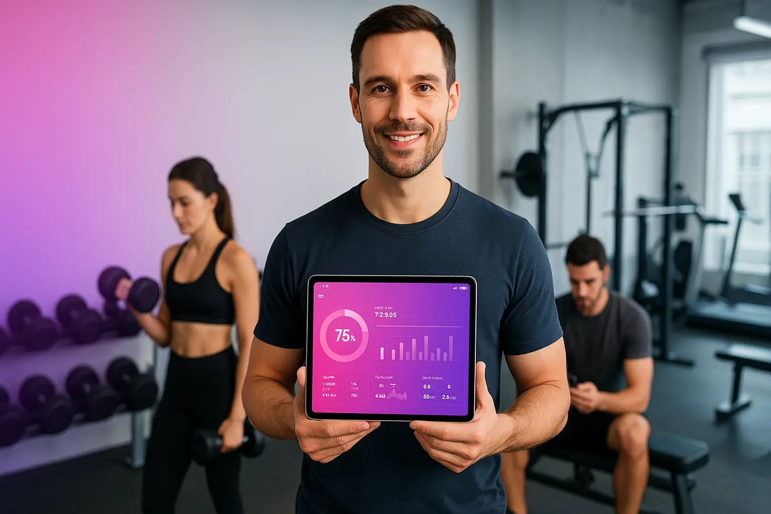 fitnessstudio-app-software-loesung-modern-studios Ein professioneller Fitnesstrainer präsentiert eine moderne Fitnessstudio-App auf einem Tablet, während im Hintergrund Mitglieder in einem gut ausgestatteten Gym trainieren.