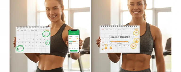 Split-screen showing 30-day vs 90-day challenge with calendars and progress indicators