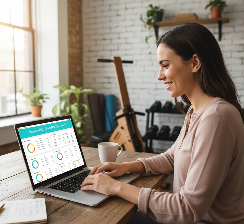 Laptop showing gym software with calculator displaying £0.00, piggy bank, budget emphasis