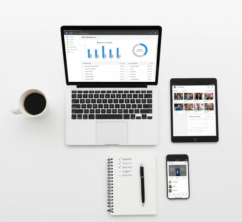 Gym management dashboard displayed across multiple devices