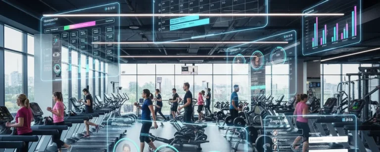 Modern gym with comprehensive digital software overlay showing schedules