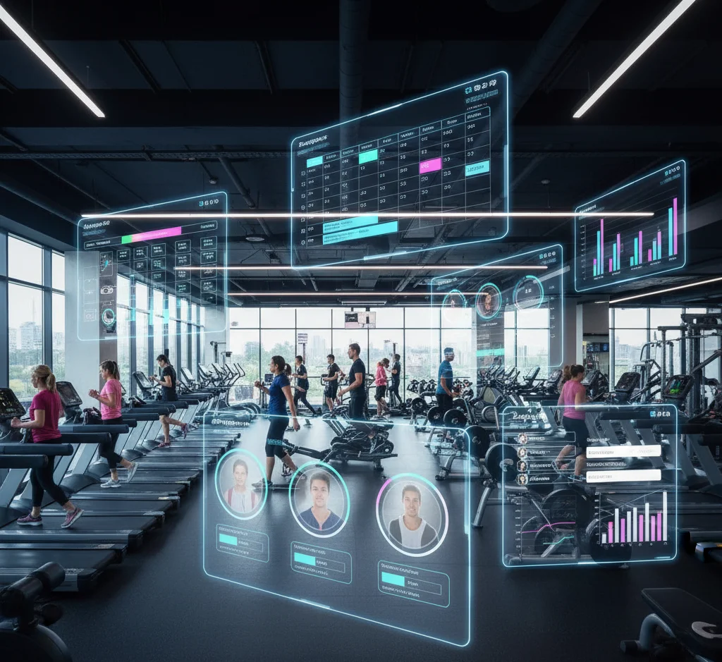 Modern gym with comprehensive digital software overlay showing schedules