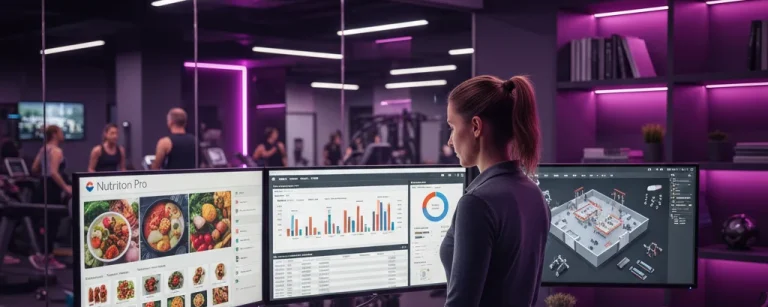 Multi-monitor setup showing nutrition, accounting, and facility design